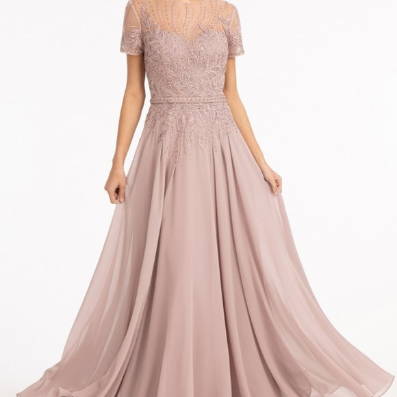 NEW MAUVE Embroidered Chiffon A-line Dress w/ Short Sleeves and Waistband GL3067 - Picture 1 of 5